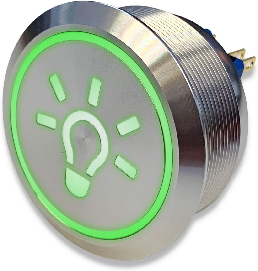 Metzler Edelstahl Drucktaster Ø40mm, 2-polig, 10 Pin, Symbol Licht LED Ring (Grün), Grün