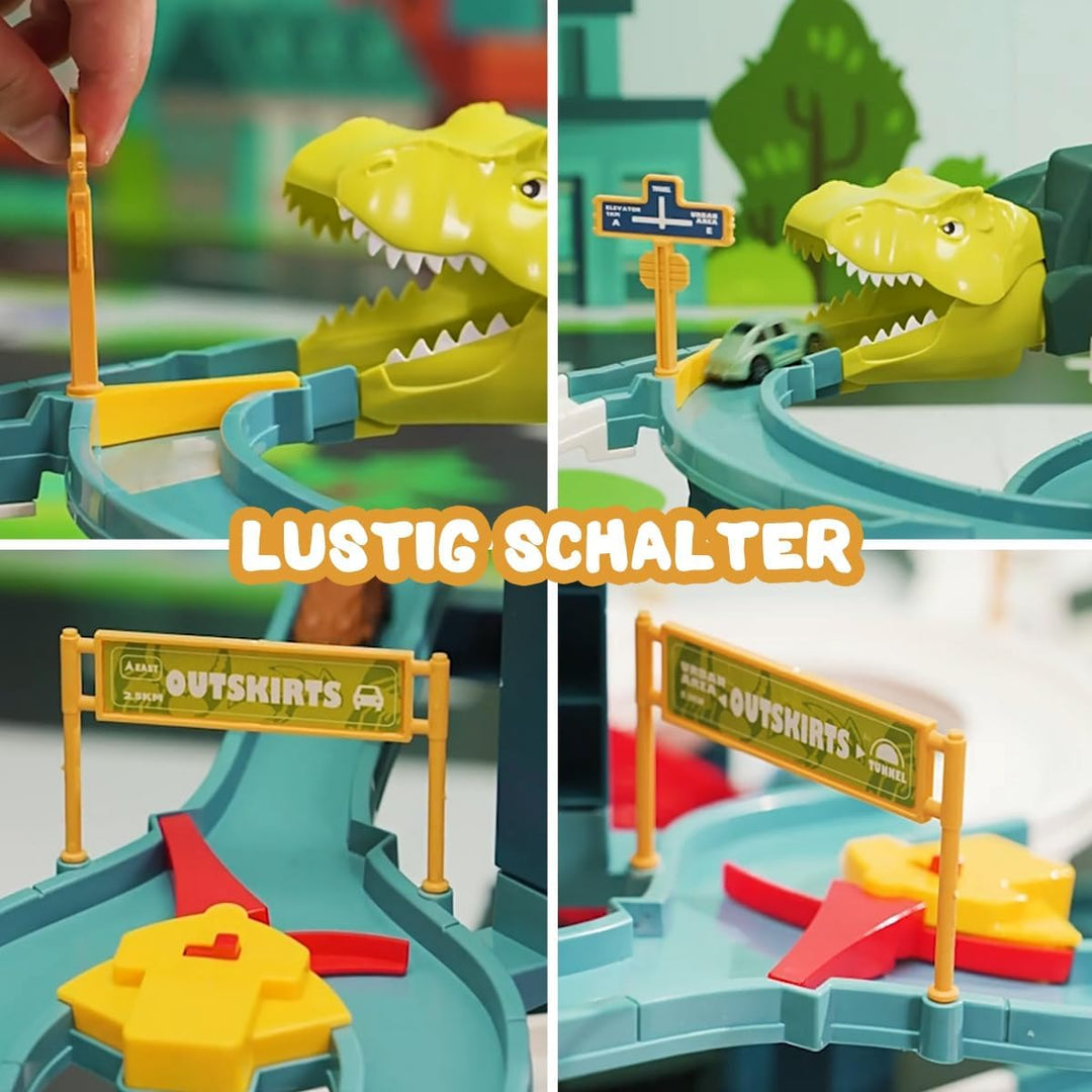 Dinosaurier Spielzeug Rennstrecken Spielset mit 7 Ebenen 8 Autos, Autorennbahn Parkhaus Garage City