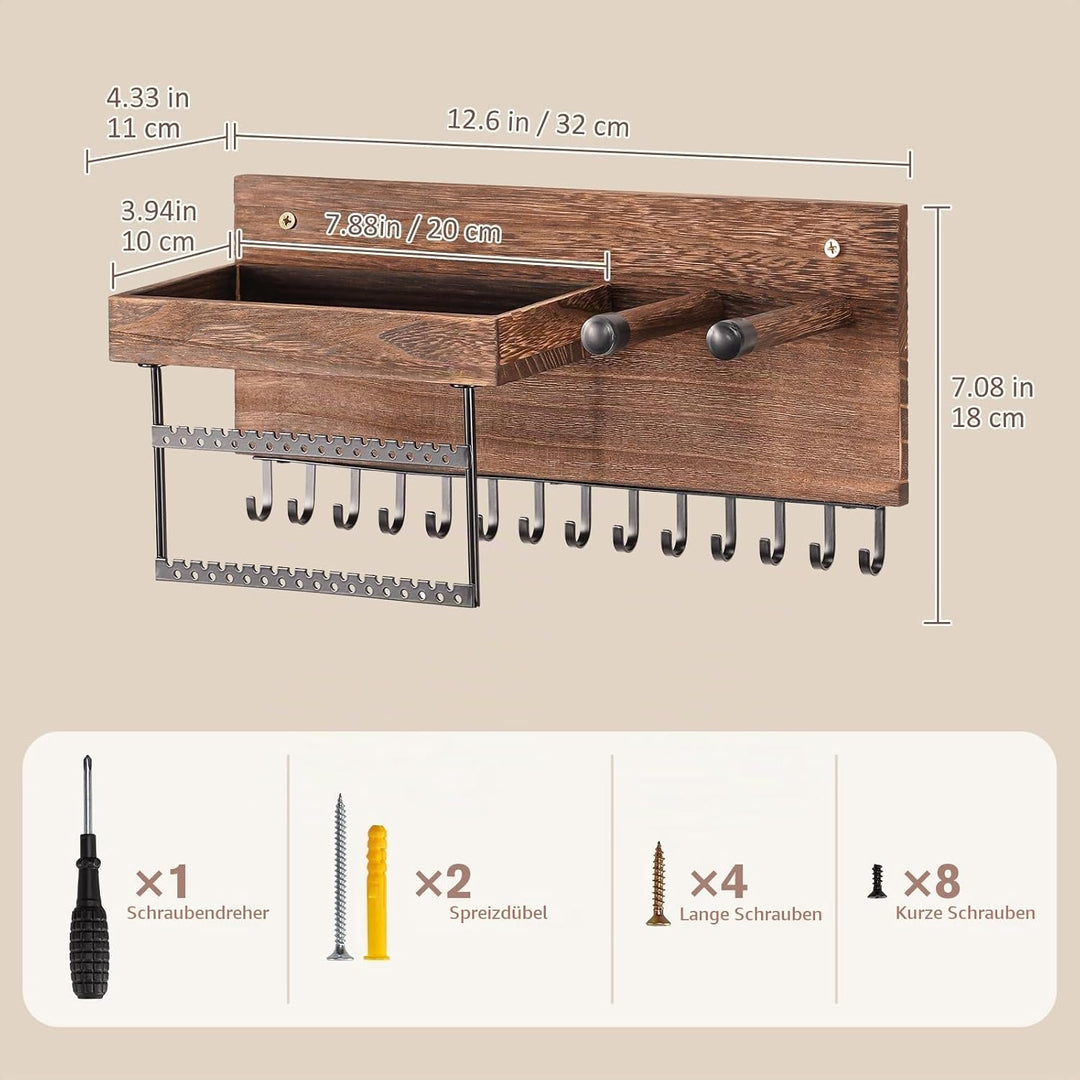 Lolalet Hängeschmuck Organizer, Hölzerne Schmuckaufbewahrungsregal mit 15 Haken, Wandmontierte Halsk