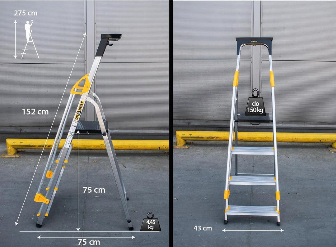 DRABEST Leiter PRO Serie Alu Klaptritt 4 Stufen Klappbare Leiter mit Sicherheits Handläufen bis 150