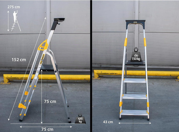 DRABEST Leiter PRO Serie Alu Klaptritt 4 Stufen Klappbare Leiter mit Sicherheits Handläufen bis 150