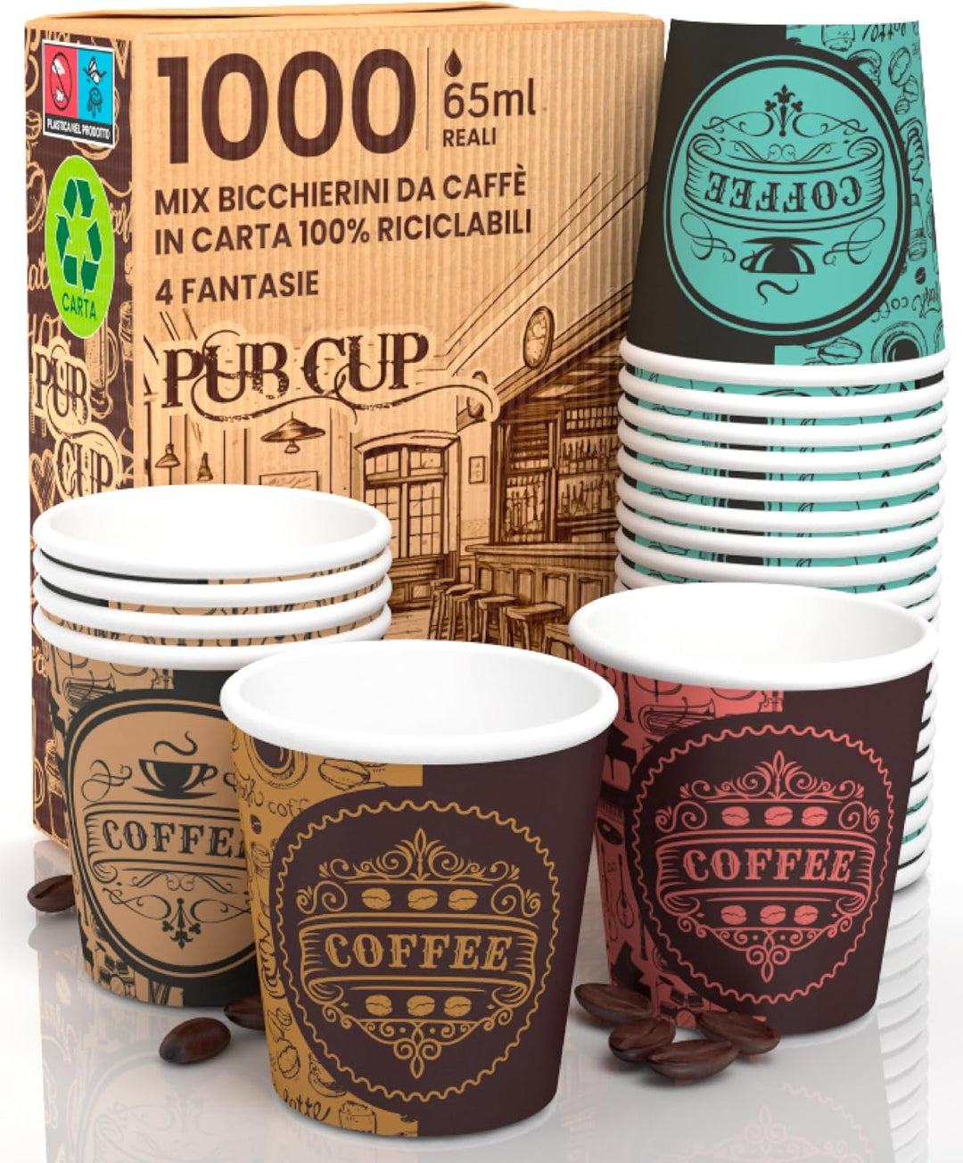 1000 Kaffeebecher aus Papier, 65 ml, PubCUP Mix Umweltfreundliche biologisch abbaubare Einwegbecher,