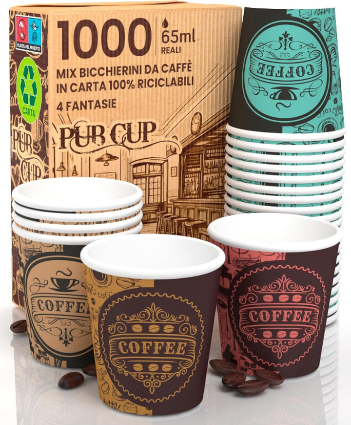 1000 Kaffeebecher aus Papier, 65 ml, PubCUP Mix Umweltfreundliche biologisch abbaubare Einwegbecher,