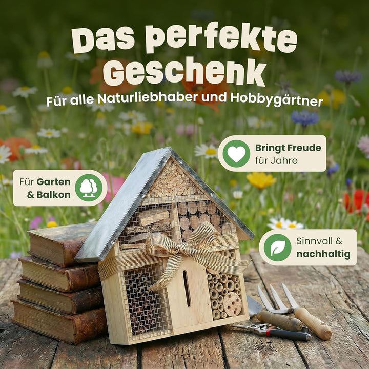 zooprinz Insektenhotel klein mit Metalldach – Insektenhaus/Bienenhotel aus Holz mit Bambus Röhrchen