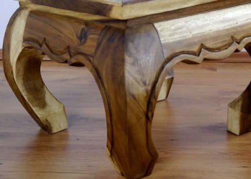 livasia Opiumtisch, Kaffeetisch, Couchtisch, Massivholztisch mit Schnitzerei u. Glasplatte (Natur),