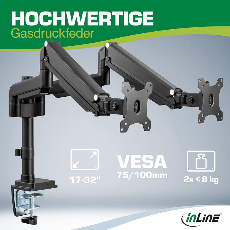 InLine® Monitor Tischhalterung mit Lifter, Halterung für 2 Bildschirme bis 32“ (82cm, VESA 75x75 ode