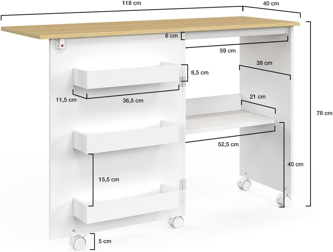 IDMarket - Faltbarer Nähtisch mit Rollen, Möbel für Nähmaschine mit 4 Einlegeböden