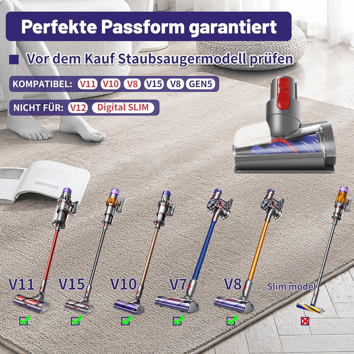 Upgrade Mini Elektrobürste für Dyson V7 V8 V10 V11 V15, Anti-Tangle Turbinendüse Aufsatz, Tierhaarbü