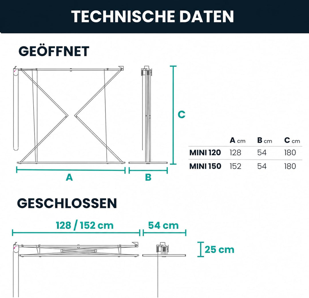 Foxydry Mini Deckenständer, vertikaler Wäscheständer, zusammenklappbar in Aluminium und Stahl 128x54