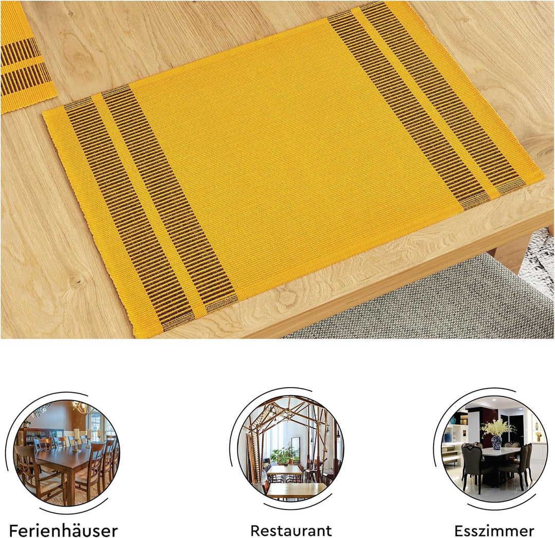 Encasa Homes Esszimmer-Set (6 Tischsets + 1 Tischläufer) | Leiter gelb | Fein gerippte Baumwolle | M