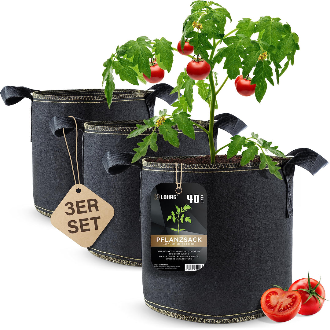 lohag® Premium Vliesstoff-Pflanzsack - 40 Liter, 3er Pack | Für Kräuter, Blumen, Gemüse &amp; Zimmerpfla