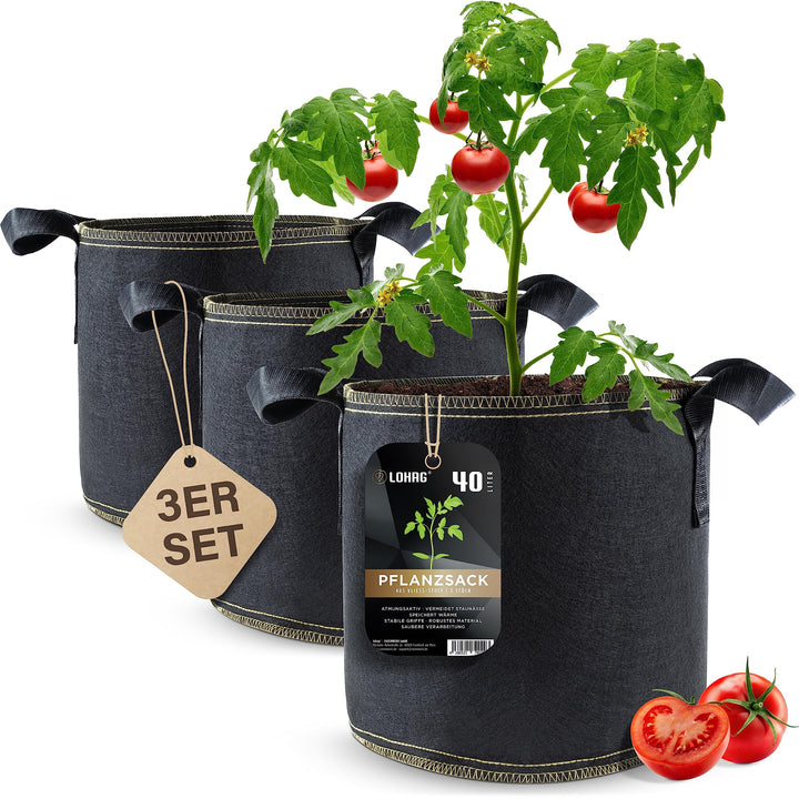 lohag® Premium Vliesstoff-Pflanzsack - 40 Liter, 3er Pack | Für Kräuter, Blumen, Gemüse &amp; Zimmerpfla