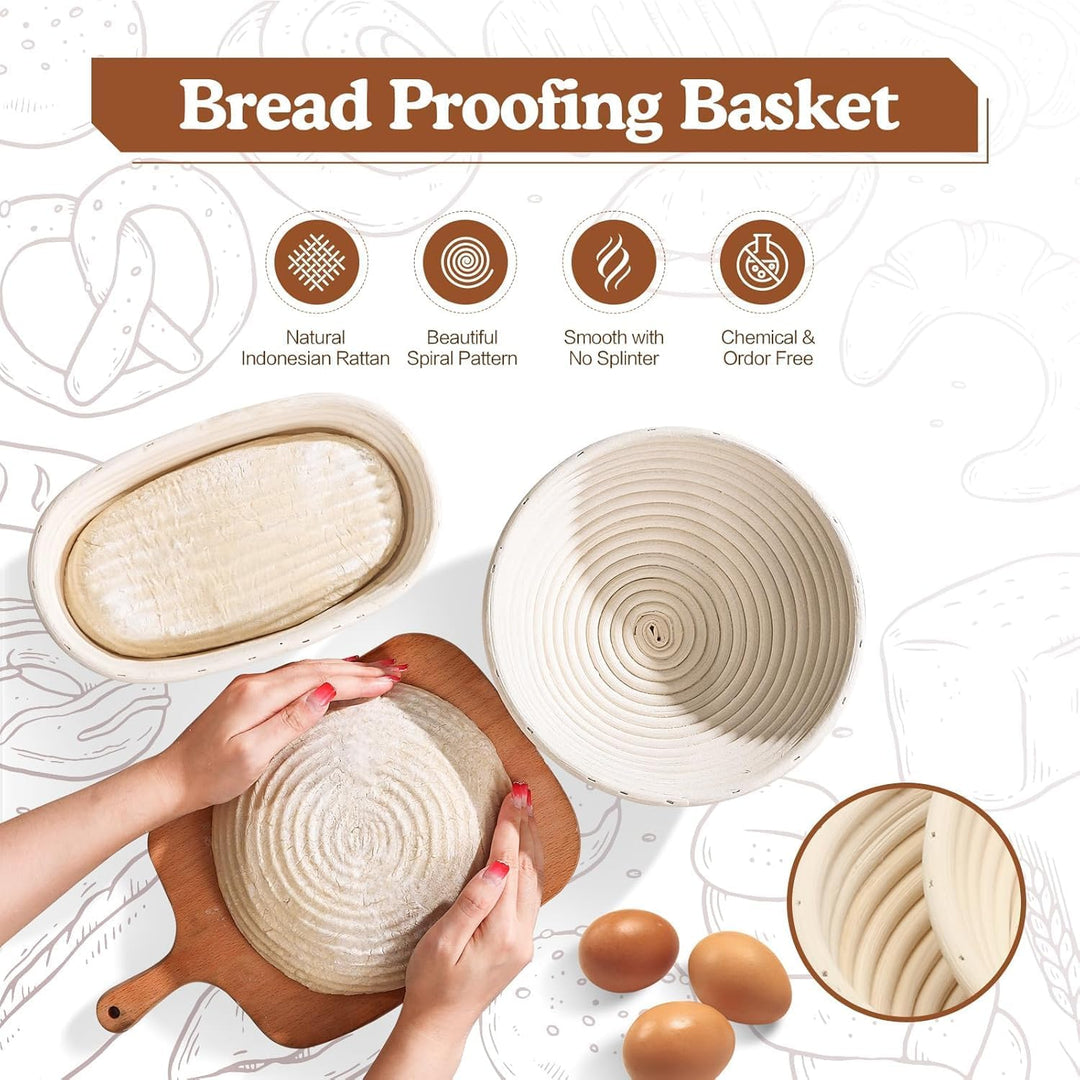 Gärkörbchen Rund & Oval - Brot Backen Set mit Bäckermesser, Pinsel, Leinen, Teigschneider - 100% nat