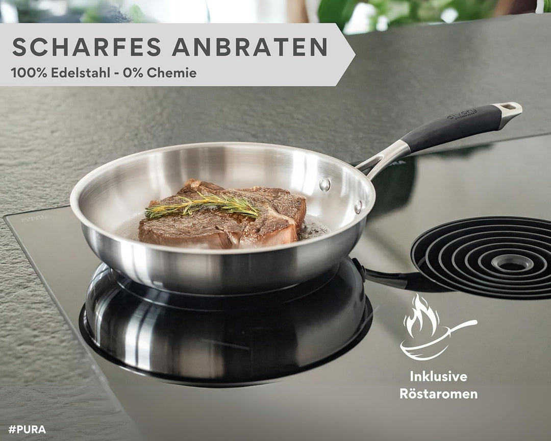 DIVORY Edelstahlpfanne 28cm – Ohne PTFE & PFOA, unbeschichtete Pfanne aus Edelstahl, Induktion geeig