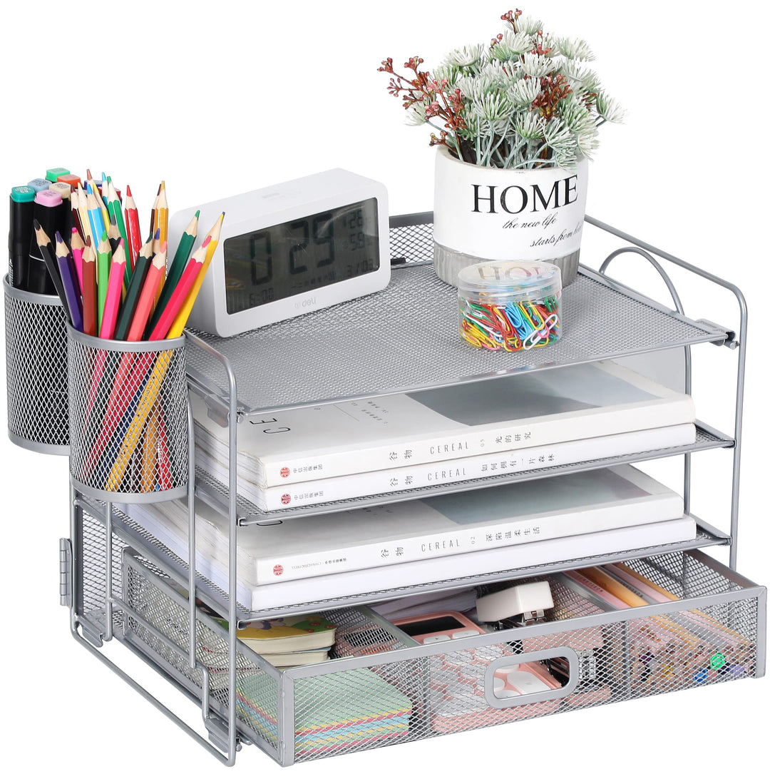 Vikmyer 4-Trays Desktop File Organizer, Mesh Office Desk Supplies Organizer Dokument Brieffachhalter