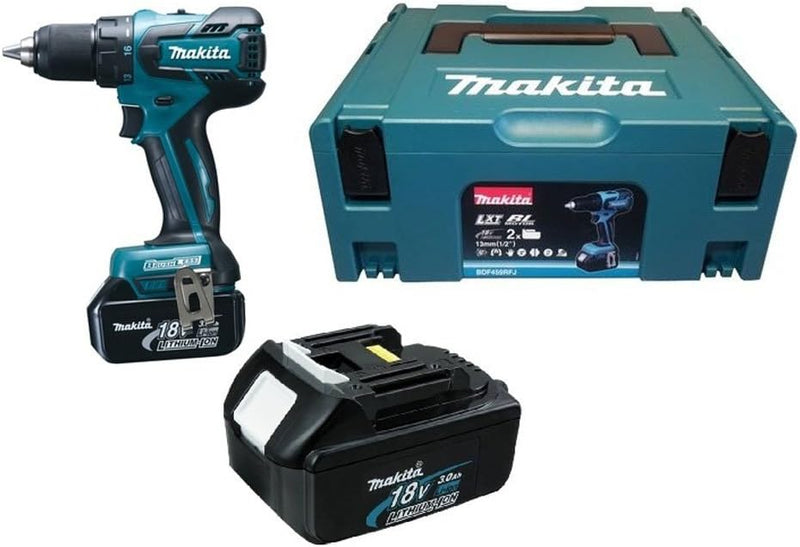 Makita Ø13mm Bohrschrauber 18 V Li-Ion Akku (2 x 3.0 Ah (ohne 45Nm DDF459RFJ Kohle), Blau, Silber