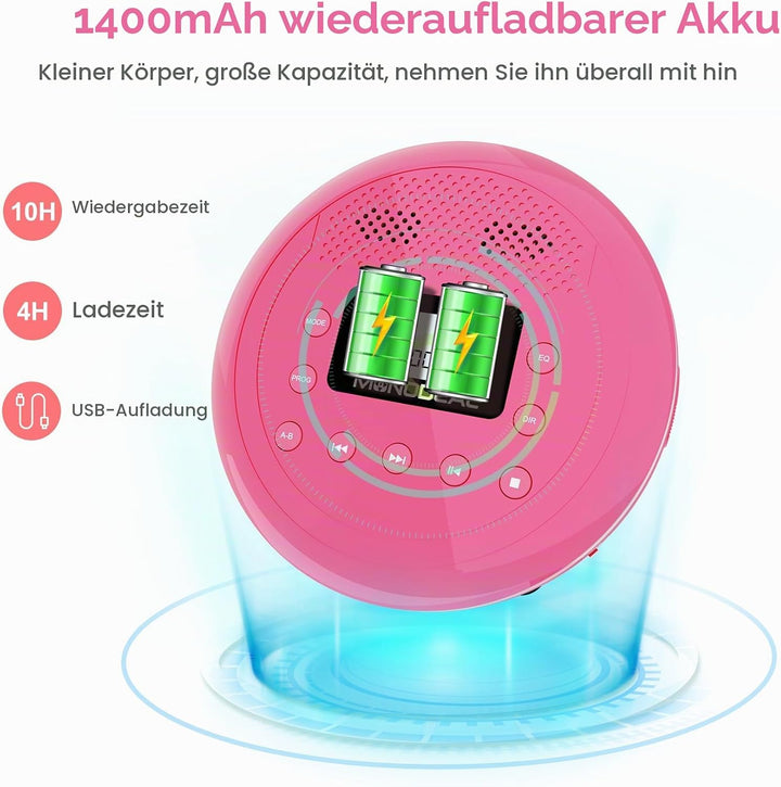 MONODEAL NEU 2023 Tragbarer CD Player mit Lautsprecher, CD Player Tragbar, Wiederaufladbar Discman C