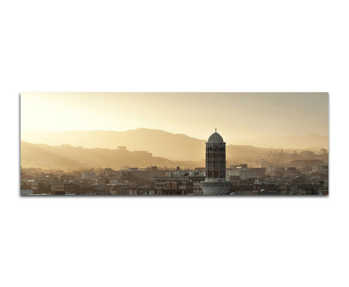 Paul Sinus Art Panoramabild auf Leinwand und Keilrahmen 120x40cm Jemen Sanaa Gebäude Sonnenuntergang