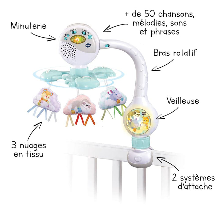 VTech - Mobilo Clip des Baby Loulous, Mobile Musical Babybett, Kinderwagen und Sitzschale, 3 Wolken