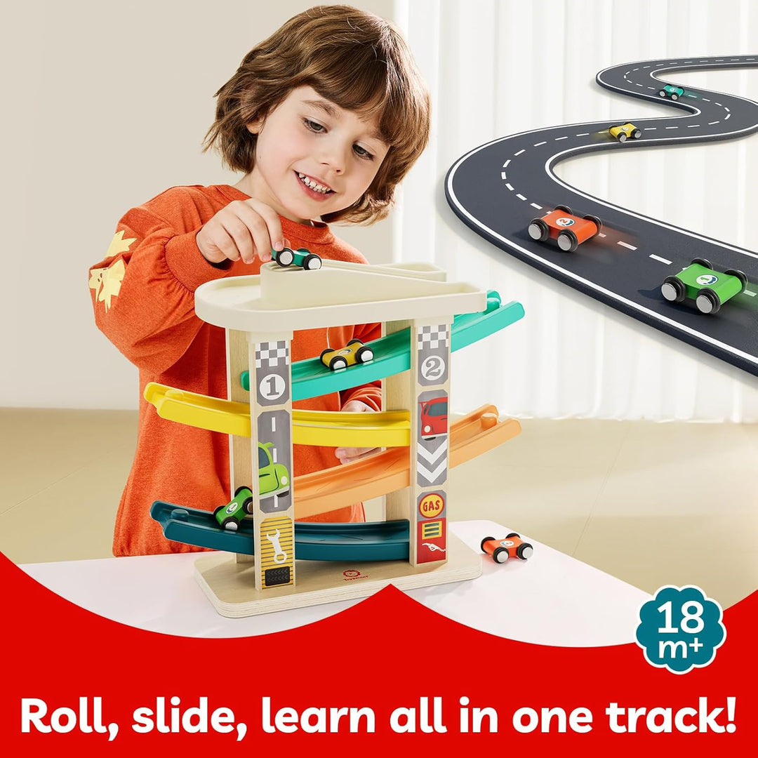 TOP BRIGHT Kugelbahn Autorennbahn aus Holz mit 4 Autos - Kinderspielzeug Geschenke für Kinder, Baby