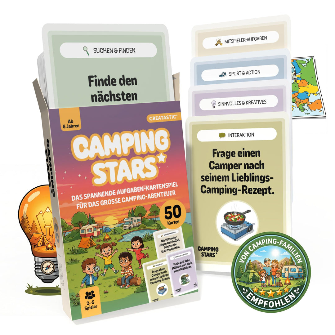 Camping Stars - Das spannende Aufgaben Kartenspiel für Kinder, 50 Karten, Camping Spiele Geschenk, R