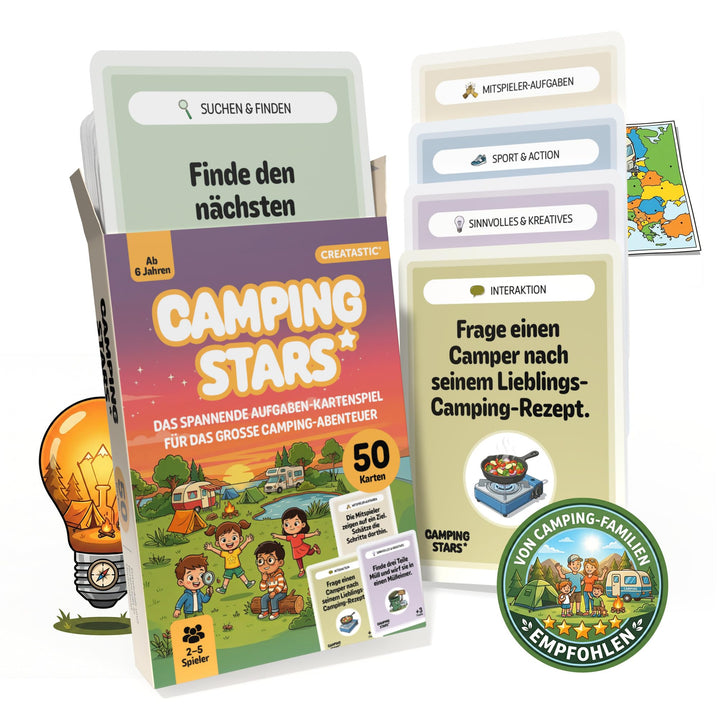 Camping Stars - Das spannende Aufgaben Kartenspiel für Kinder, 50 Karten, Camping Spiele Geschenk, R