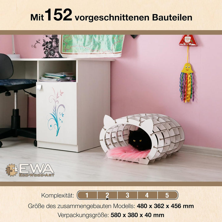 Katzen Haus Modellbau – Katzen Bett Holzpuzzle Erwachsene &amp; Kinder – weisses Haus mit rosa Fell Katz