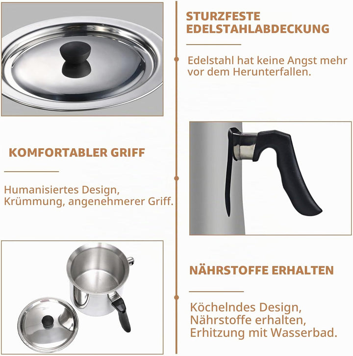 Milchtopf Induktion, 1.5 Liter Edelstahl Milchtopf, Doppelwandig Kochtopf mit Ausgiesser und Glasdec