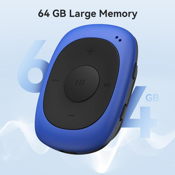 AGPTEK Mini Clip 64GB MP3 Player mit Bügel-Kopfhörer und Silikon Hülle, Leichter Sport Musik Player