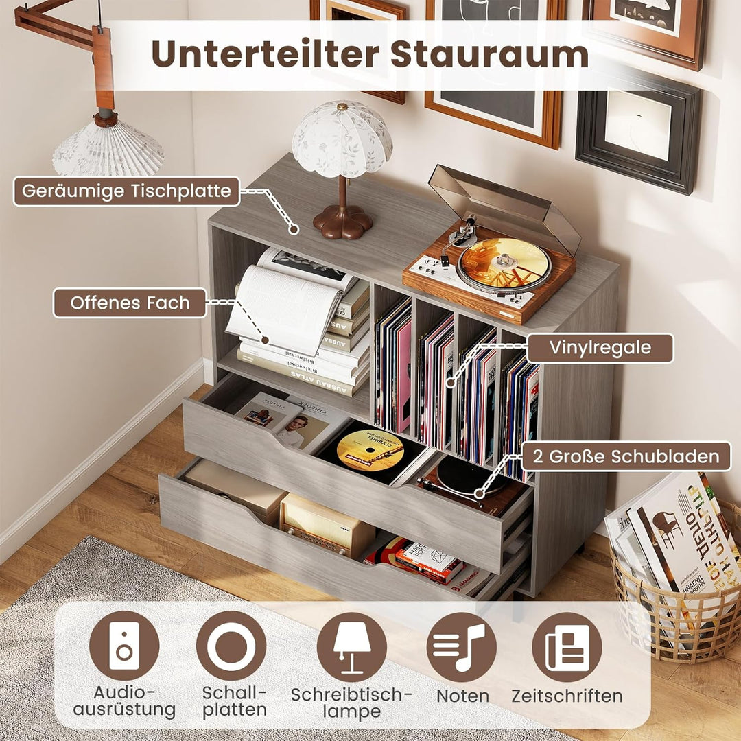 COSTWAY Plattenspielerständer, Mittelalter Plattenspielertisch mit offenem Fach, 4 Vinyl-Fächern & 2