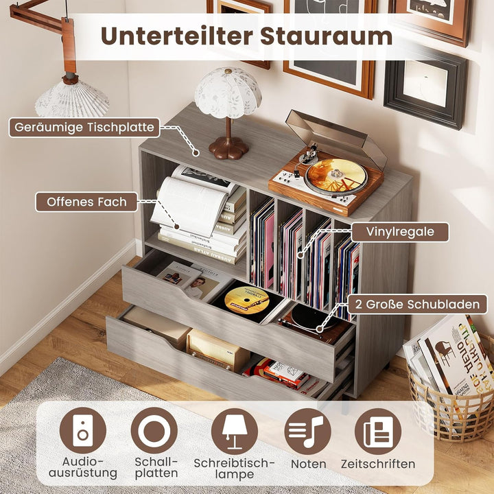 COSTWAY Plattenspielerständer, Mittelalter Plattenspielertisch mit offenem Fach, 4 Vinyl-Fächern & 2