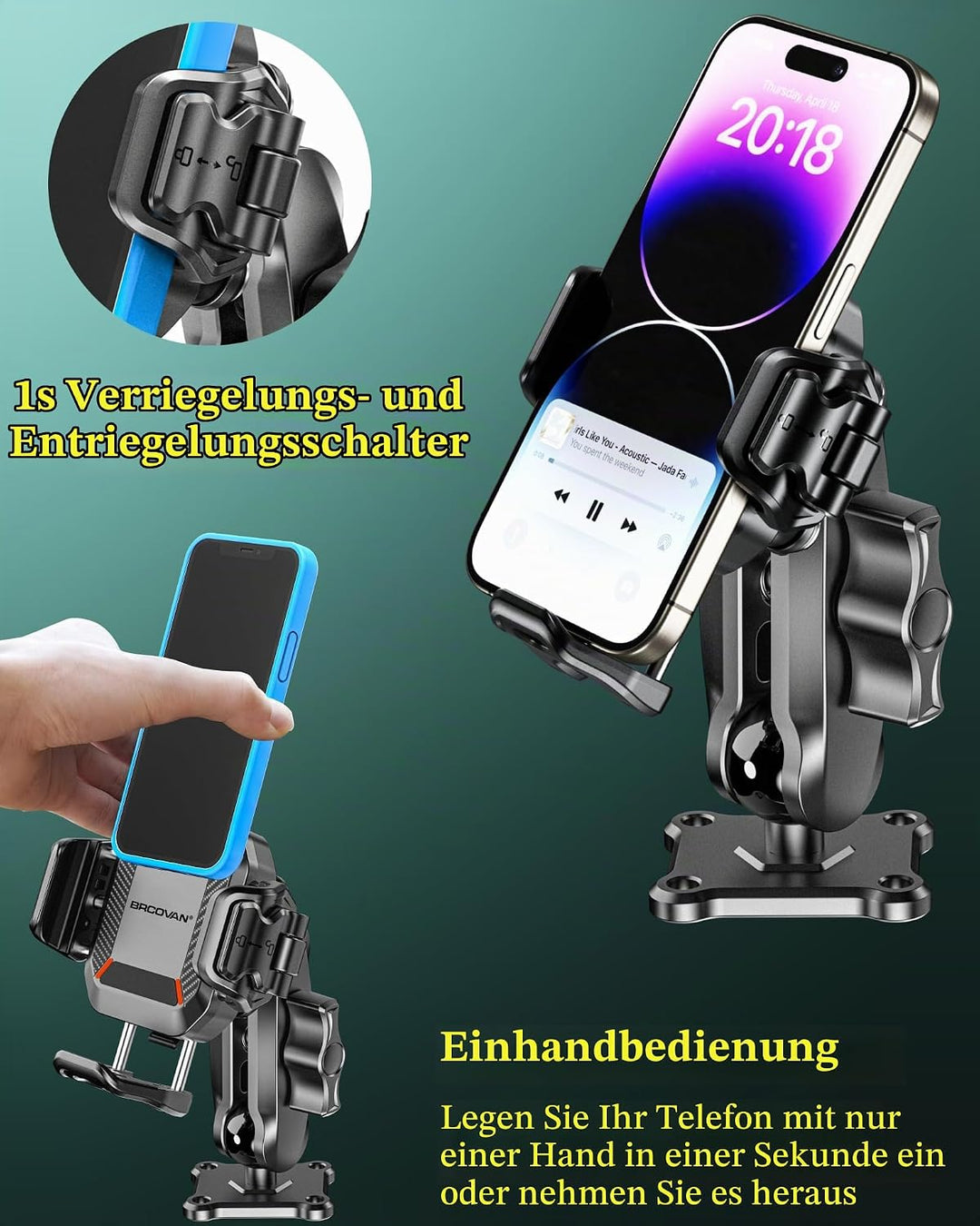 BRCOVAN Handyhalterung mit Vibrationsdämpfer [1s Lock] mit Quadratischer Aluminiumbasis und mittella