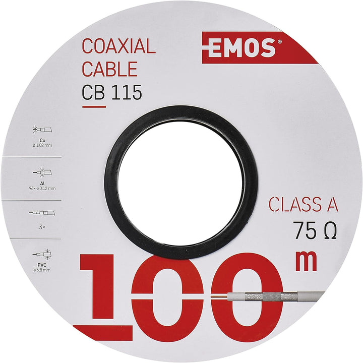 EMOS Antennenkabel 100m weiss, Koaxialkabel CLASS A für SAT, TV und CCTV, Typ CB115, dreifach geschi