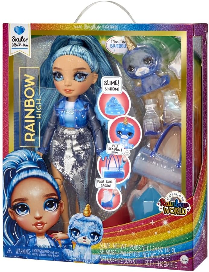Rainbow High Modepuppe mit Schleim & Haustier - Skyler (Blau) - 28 cm Schimmernde Puppe mit Glitzers