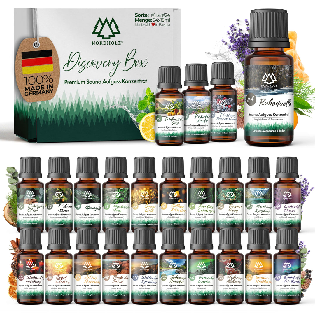 NORDHOLZ® Saunaaufguss [24x15ml] - Sauna Aufgussmittel [Geschenk Set] besonderer & natürlicher Sauna