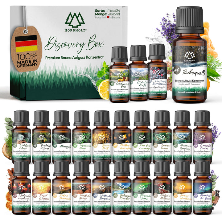 NORDHOLZ® Saunaaufguss [24x15ml] - Sauna Aufgussmittel [Geschenk Set] besonderer & natürlicher Sauna