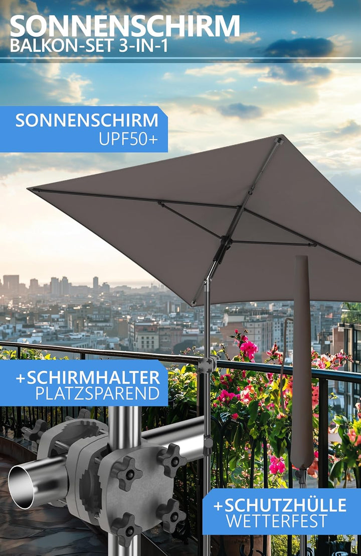 4smile Sonnenschirm Balkon SunnyShade, Sonnnenschutz Balkon SET 3-in-1, Taupe - UV50+ SunnyGuy Sonne