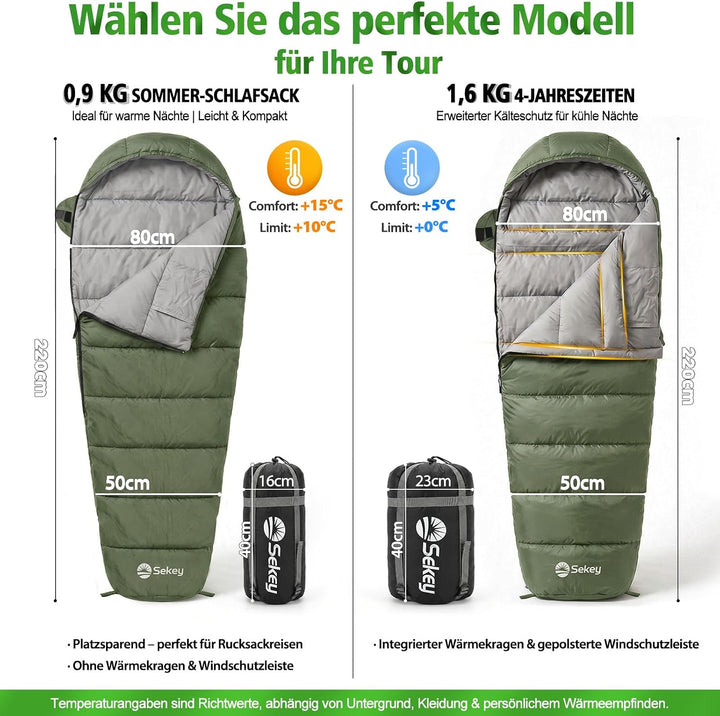 Sekey Schlafsack Erwachsene, Mumienschlafsack mit Anti-Klemm-Reissverschluss, Wasserabweisend &amp; Reis