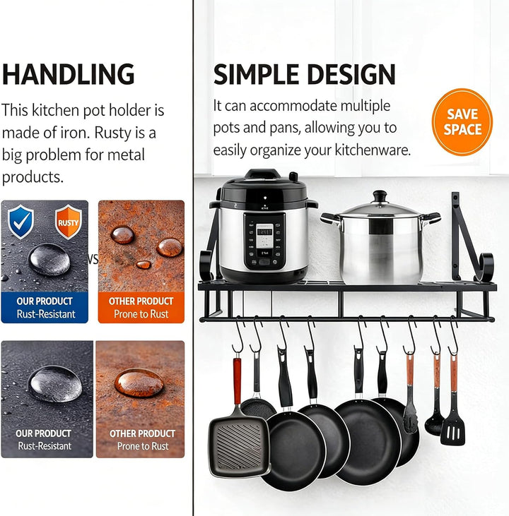Wandmontaged Pot Rack Lagerregal, Topfstangen für Küchenpfanne Organizer mit 10 Haken und Accessoire
