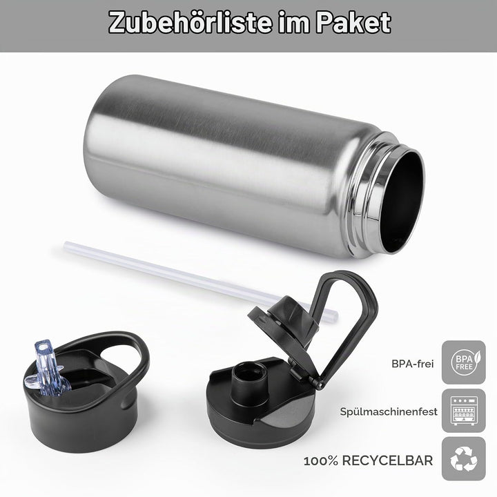 Edelstahl Trinkflasche 500ml (+2 Deckel)-mit Strohhalm,BPA frei,Thermosflasche Auslaufsicher,Kohlens