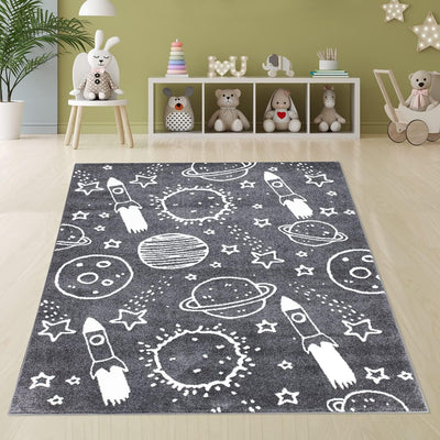 payé Teppich Kinderzimmer Läufer - Grau - 80x150cm - Galaxy Unviersum Weltall Stern Rakete Spieltepp