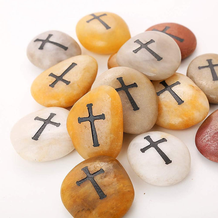ROCKIMPACT 24 Stück Kreuz Steine mit Kreuz Glück Gravierte Steine Gravur Inspirierende Steine Glücks