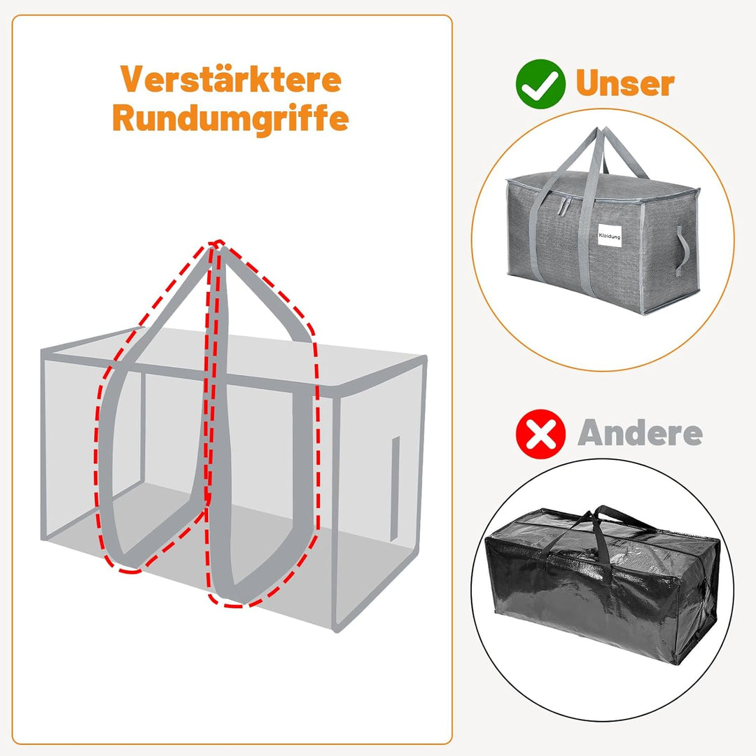 4 Stück 90L Grosse Aufbewahrungstasche mit Deckel, Faltbare Umzugskartons Gross mit Reissverschlüsse