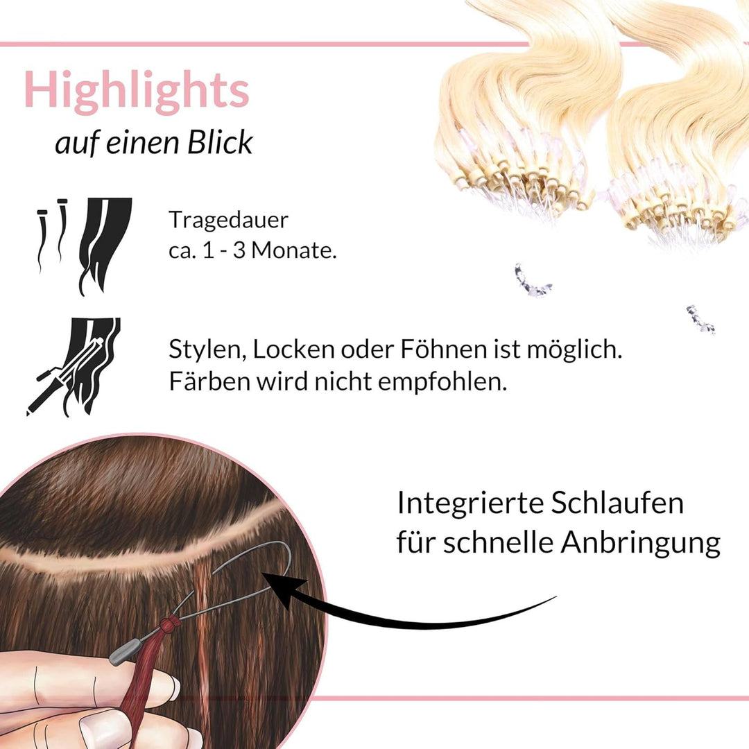 hair2heart Microring Extensions Echthaar Gewellt - 25 Strähnen 1g 40cm 10/0 hell-lichtblond 25 Sträh