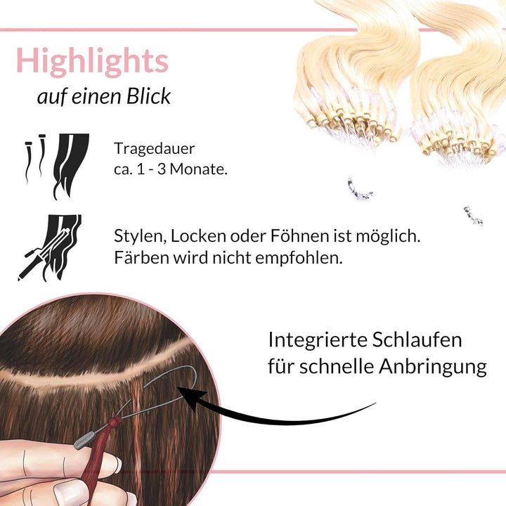 hair2heart Microring Extensions Echthaar Gewellt - 25 Strähnen 1g 40cm 10/0 hell-lichtblond 25 Sträh