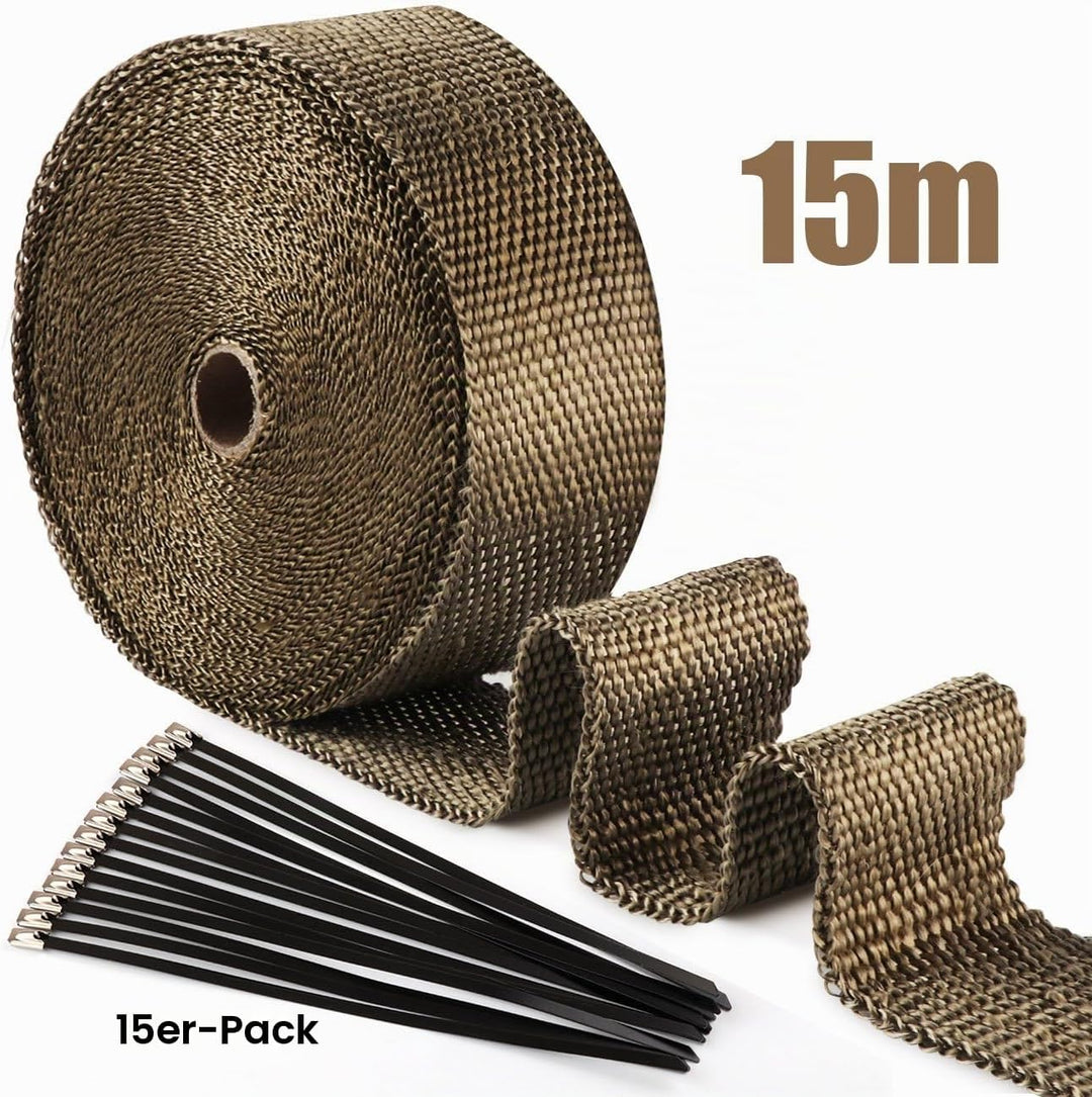 ilauke Hitzeschutzband Auspuffband, 15M*5CM Hitzeschutzband Auspuff Gelb mit 15 Edelstahl Kabelbinde