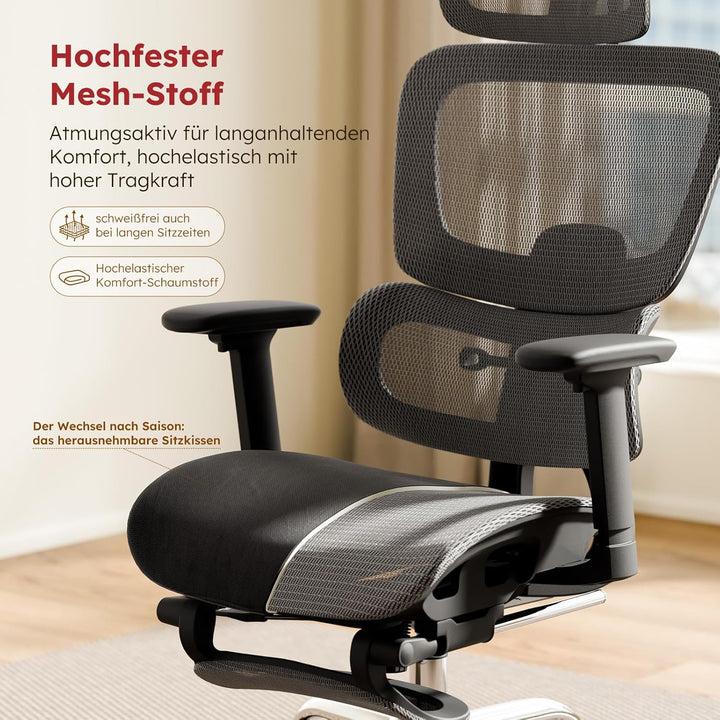 Ergonomischer Bürostuhl Voll-Mesh mit Abnehmbarem Kissen, Fussstütze, Höhenverstellbarem Rückenlehne