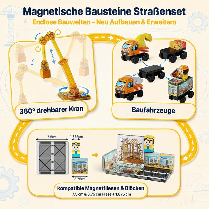burgkidz Magnetische Bausteine Strassenset 47tlg: Baustelle für Jungen ab 3