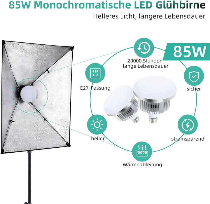 Softbox Fotostudio Set, FGen Baumwolle Greenscreen Set 2.6Mx3M Fotostudio Hintergrundsystem mit 135W
