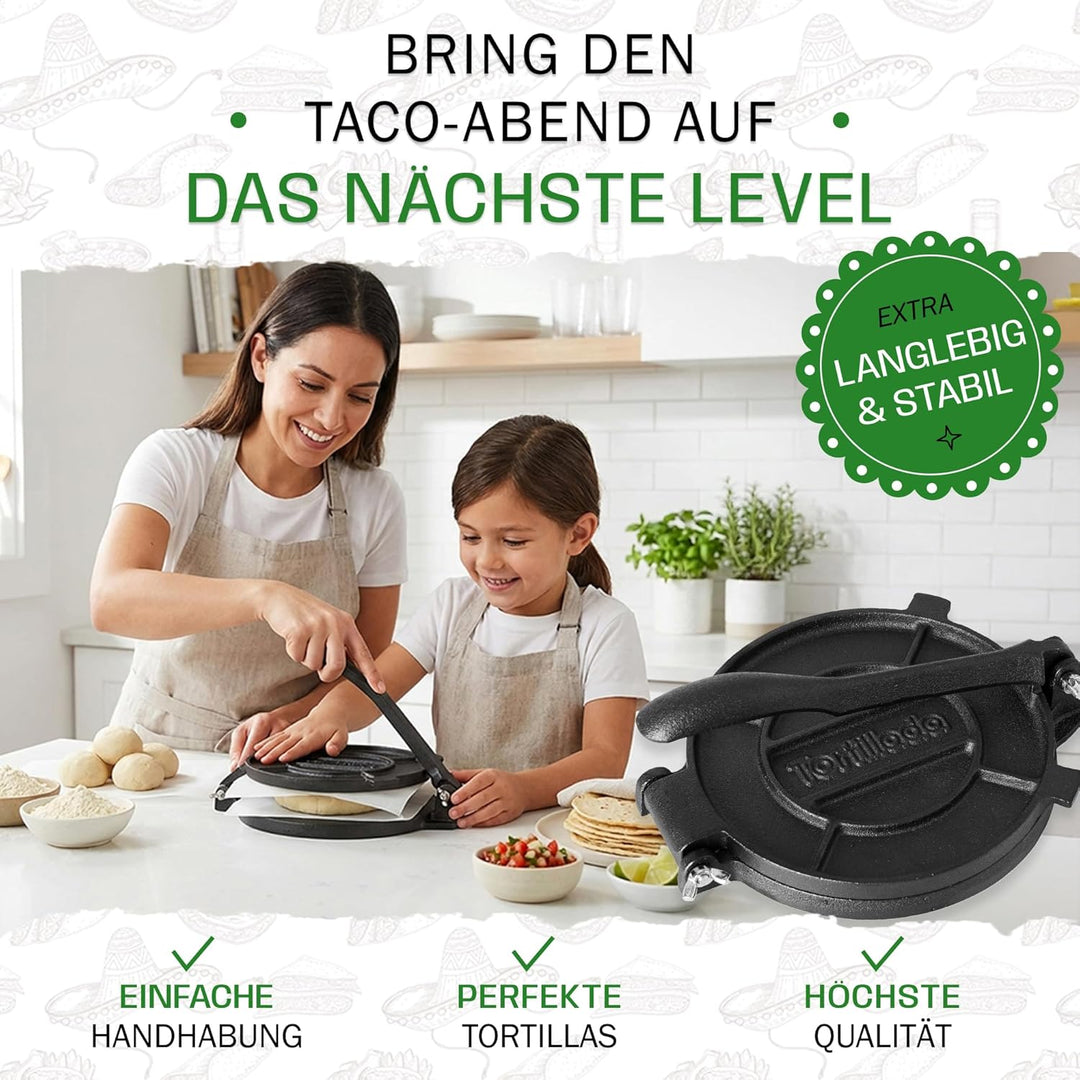 Tortillada - Tortilla Presse/Quesadilla, Roti Maker aus Gusseisen mit Rezepten (20cm) inkl. E-Book m